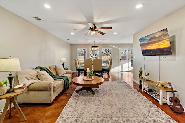 living room with ceiling fan