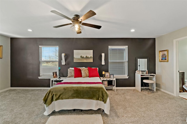 carpeted bedroom with ceiling fan