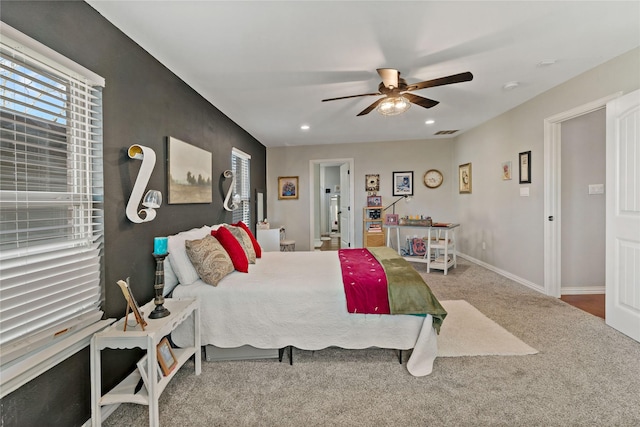 bedroom featuring ceiling fan and carpet flooring