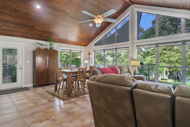 tiled living room with high vaulted ceiling, wooden ceiling, and ceiling fan