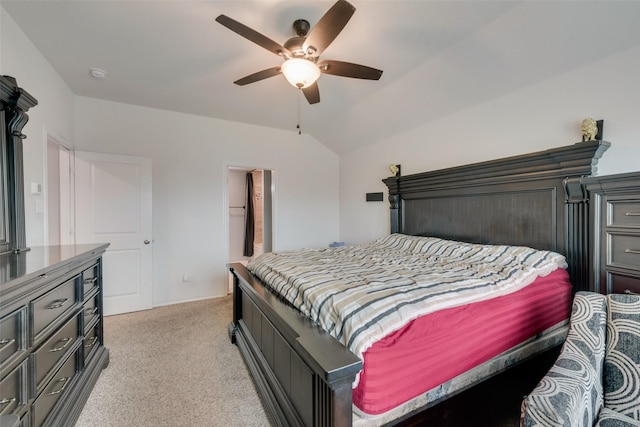 carpeted bedroom with lofted ceiling and ceiling fan