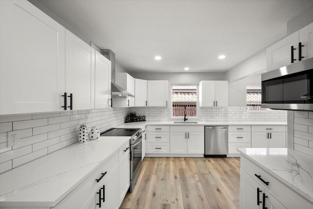 kitchen with a sink, white cabinets, appliances with stainless steel finishes, decorative backsplash, and wall chimney exhaust hood