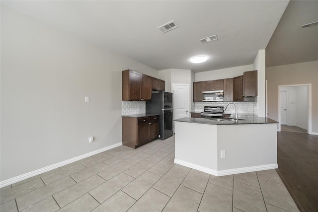 kitchen featuring sink, backsplash, dark brown cabinetry, kitchen peninsula, and stainless steel appliances