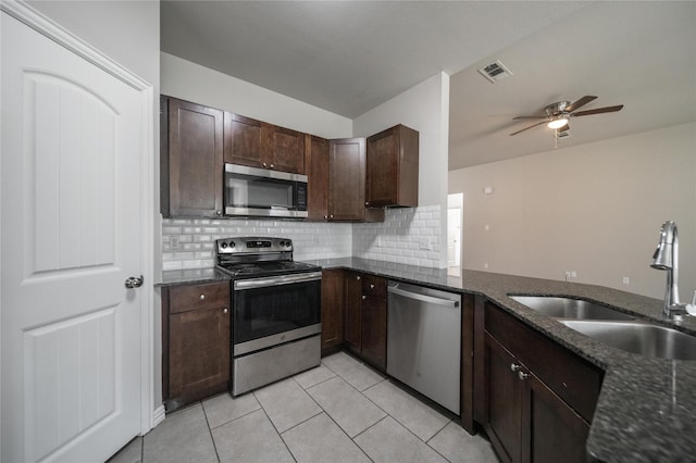 kitchen featuring tasteful backsplash, sink, dark stone counters, and appliances with stainless steel finishes