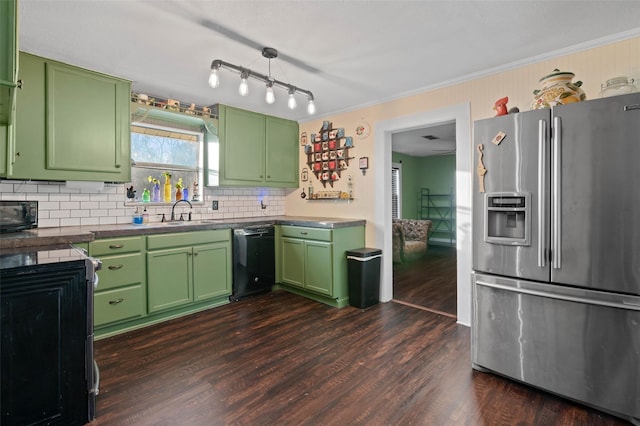 kitchen featuring dark wood-type flooring, black appliances, and green cabinetry