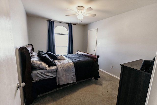 bedroom with ceiling fan and light colored carpet