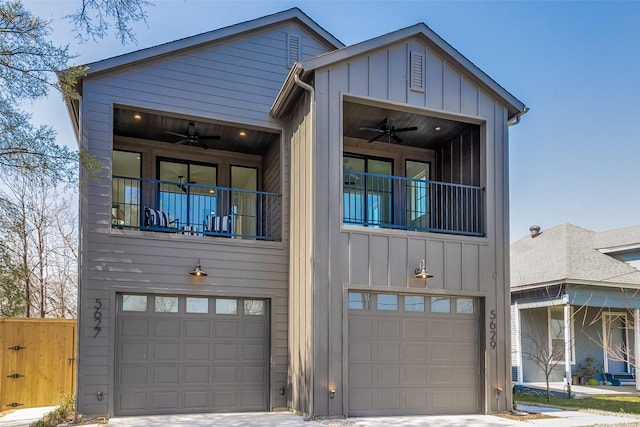 view of front of house with ceiling fan, a balcony, and a garage