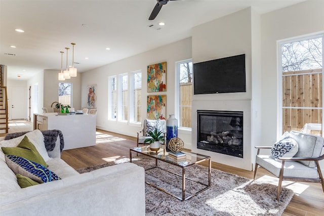 living room featuring ceiling fan and light hardwood / wood-style flooring