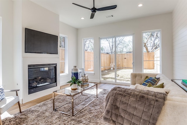 living room with ceiling fan and light wood-type flooring