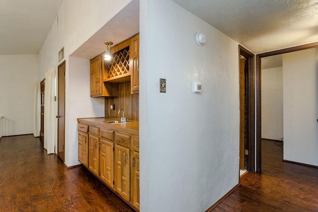 interior space with sink, a textured ceiling, dark hardwood / wood-style floors, radiator, and pendant lighting