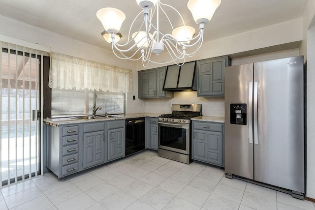 kitchen featuring sink, appliances with stainless steel finishes, gray cabinetry, hanging light fixtures, and wall chimney exhaust hood