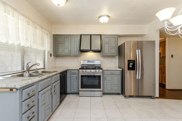 kitchen with sink, tasteful backsplash, gray cabinets, stainless steel appliances, and wall chimney range hood