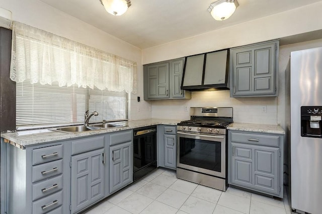 kitchen featuring wall chimney exhaust hood, sink, gray cabinetry, tasteful backsplash, and stainless steel appliances