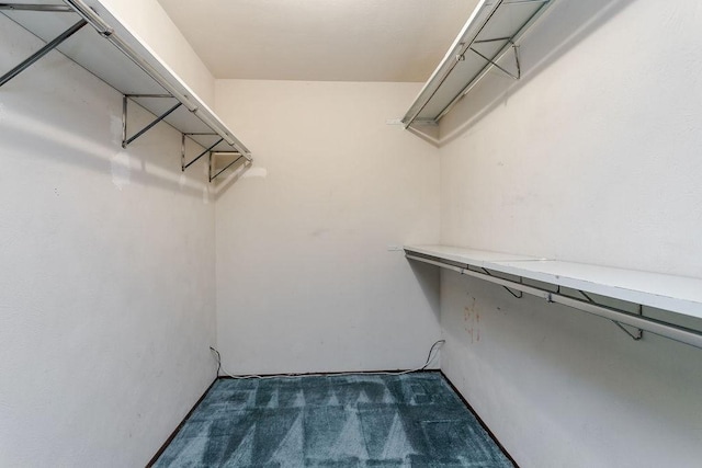 spacious closet featuring dark carpet