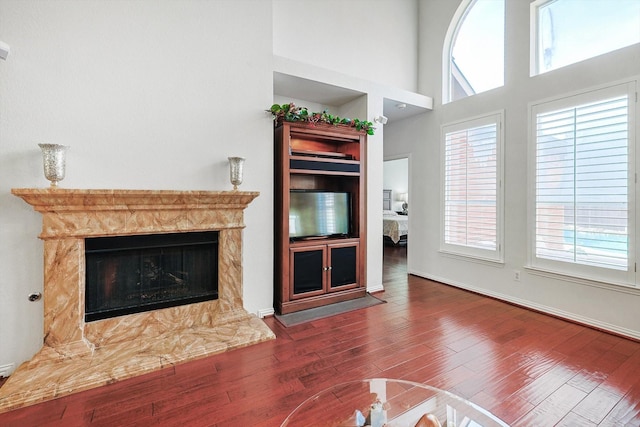 living room featuring a high end fireplace, wood-type flooring, and a high ceiling