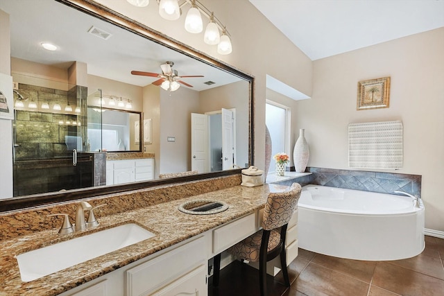 bathroom with vanity, tile patterned floors, shower with separate bathtub, and ceiling fan