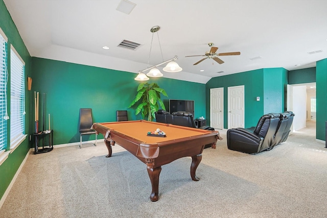 game room with lofted ceiling, pool table, ceiling fan, and carpet