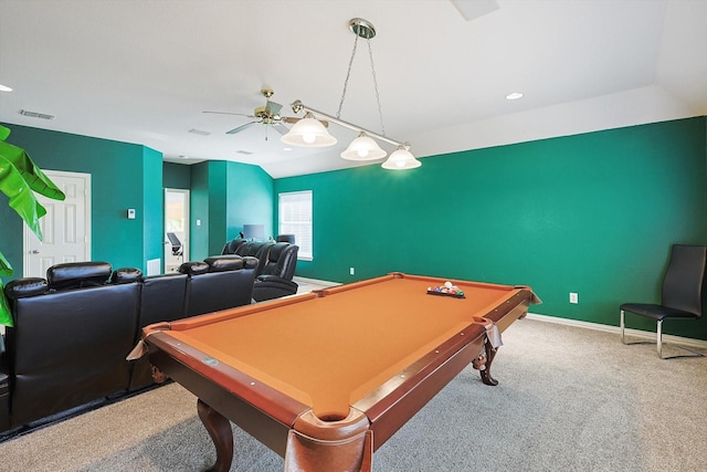 game room with pool table, ceiling fan, and carpet flooring