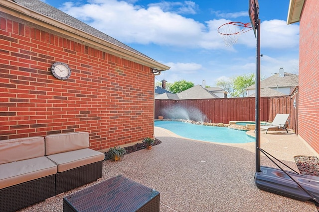 view of swimming pool featuring an in ground hot tub, outdoor lounge area, and a patio