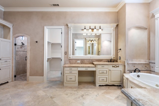 bathroom with vanity, ornamental molding, and shower with separate bathtub