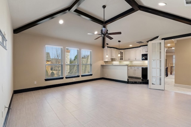 unfurnished living room with ceiling fan, high vaulted ceiling, beam ceiling, and french doors