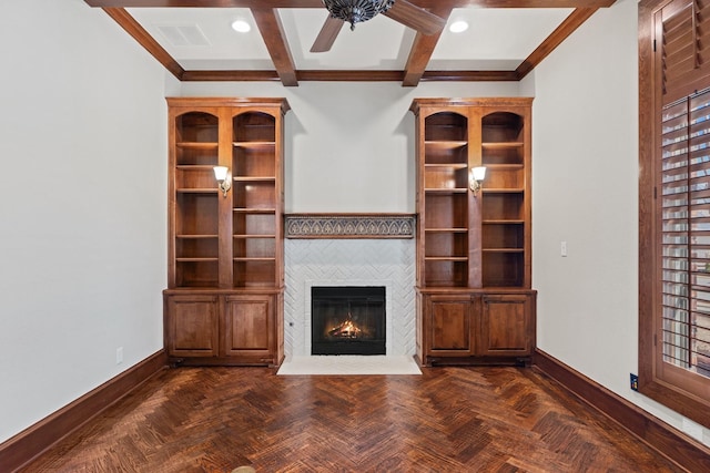 unfurnished living room featuring crown molding, beam ceiling, and dark parquet floors