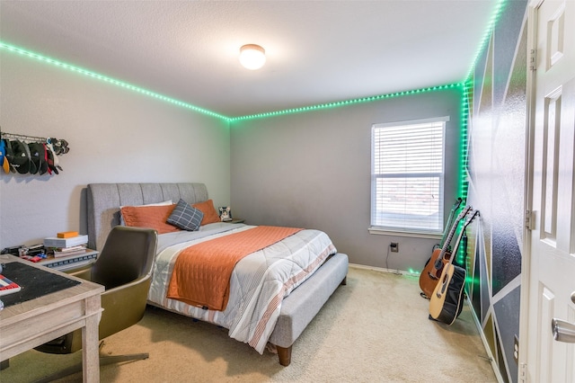 bedroom with light colored carpet