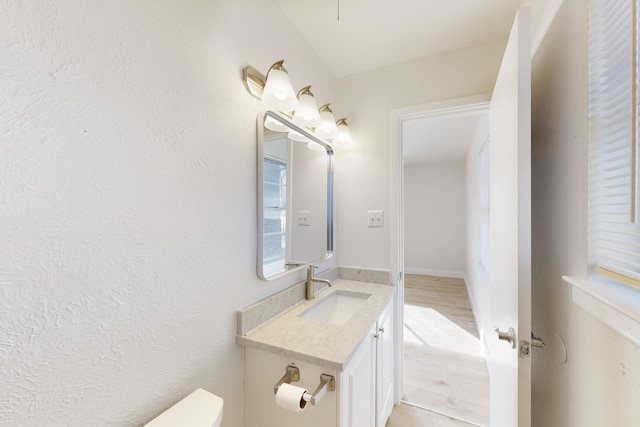 bathroom featuring vanity, toilet, and hardwood / wood-style floors