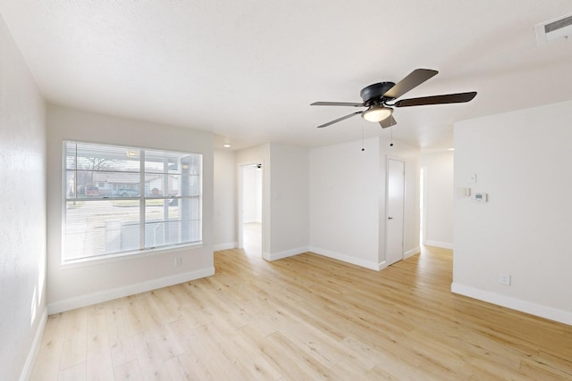 empty room featuring ceiling fan and light hardwood / wood-style flooring