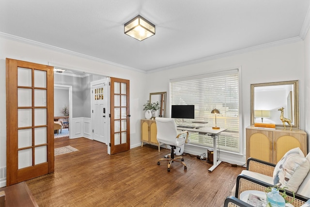 office area with french doors, ornamental molding, and hardwood / wood-style floors