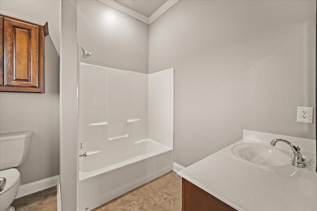 full bathroom featuring crown molding, tile patterned flooring, vanity, toilet, and bathing tub / shower combination