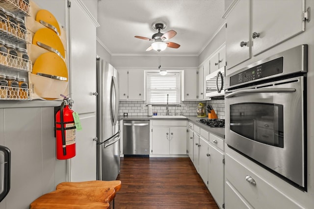 kitchen featuring white cabinetry, sink, decorative backsplash, stainless steel appliances, and crown molding