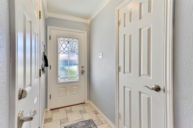 doorway to outside featuring crown molding