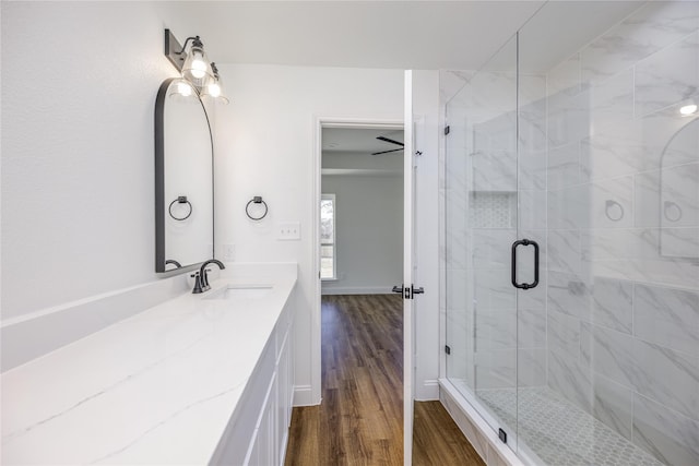 bathroom with wood-type flooring, vanity, and walk in shower