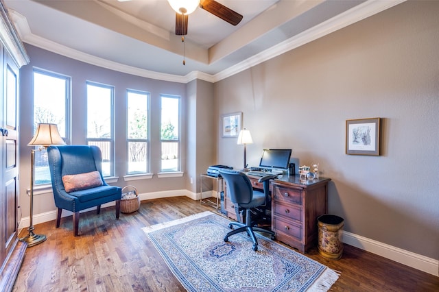 office with crown molding, wood-type flooring, a raised ceiling, and ceiling fan