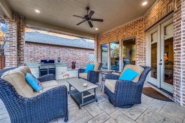 view of patio / terrace with outdoor lounge area, a grill, ceiling fan, and french doors