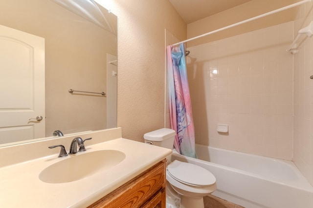 full bathroom with vanity, shower / bath combination with curtain, and toilet