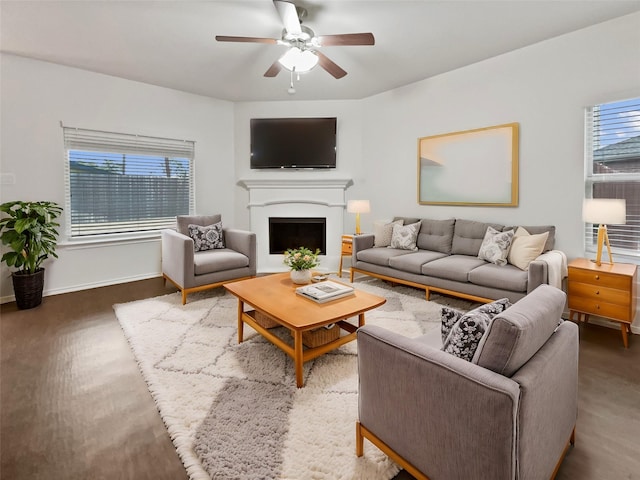 living room featuring ceiling fan