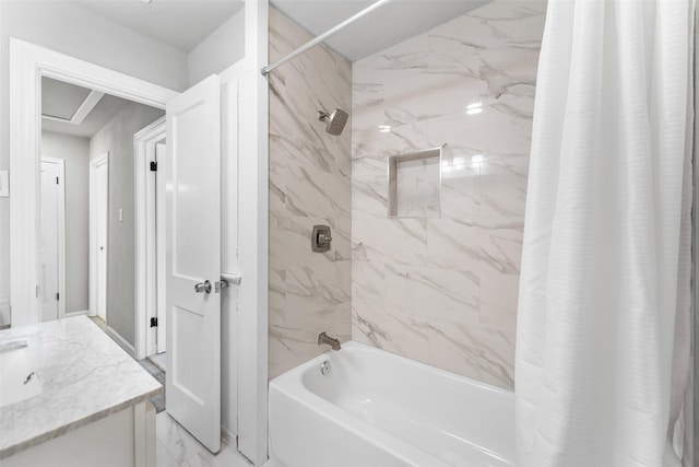 bathroom with shower / bathtub combination with curtain and vanity