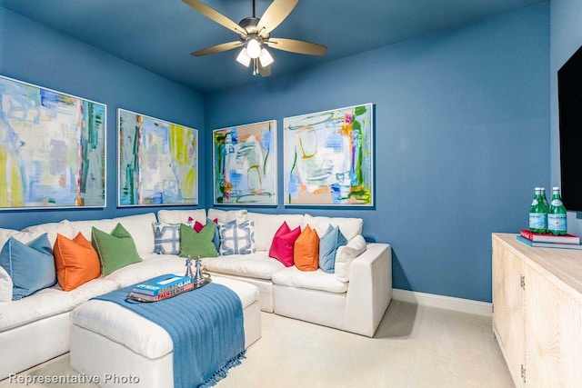 living room with ceiling fan and light carpet