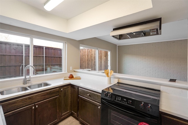 kitchen featuring sink, dark brown cabinets, brick wall, black range with electric stovetop, and range hood