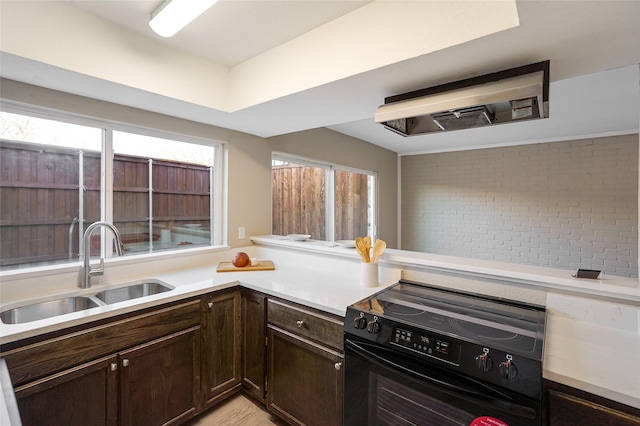 2658 Via Valencia, Carrollton, TX 75006 - kitchen with black electric range oven, a sink, dark brown cabinetry, and light countertops