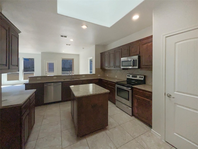 kitchen featuring sink, stainless steel appliances, a kitchen island, decorative backsplash, and kitchen peninsula