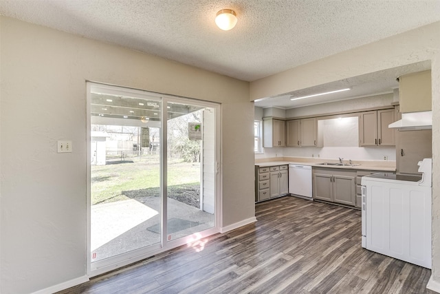 kitchen featuring white dishwasher, under cabinet range hood, light countertops, range, and dark wood finished floors