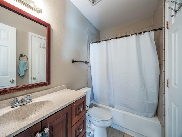 full bathroom with vanity, tile patterned flooring, shower / bath combination with curtain, and toilet