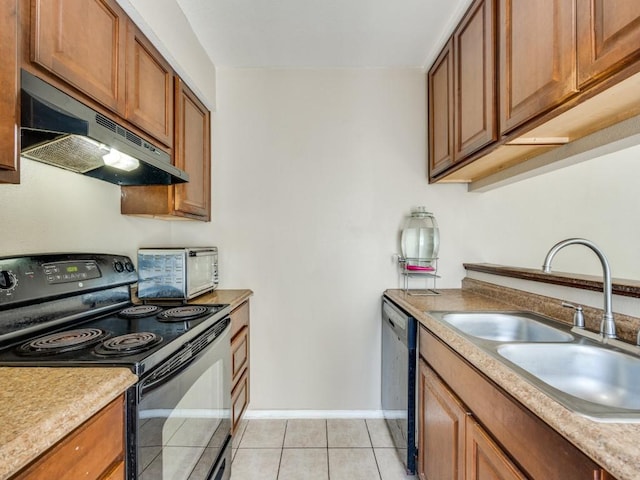 kitchen featuring black electric range oven, sink, dishwasher, and light tile patterned flooring