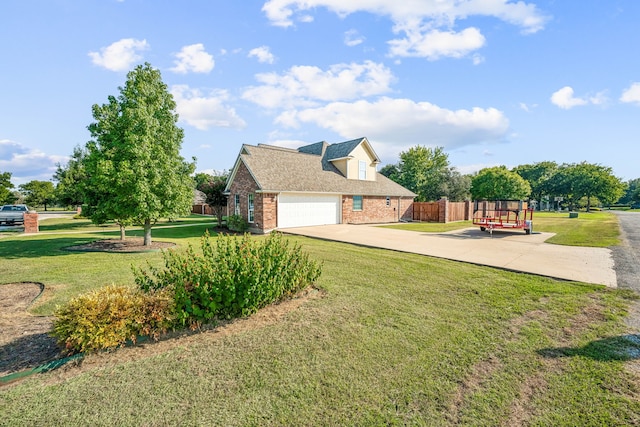 exterior space featuring a garage and a lawn