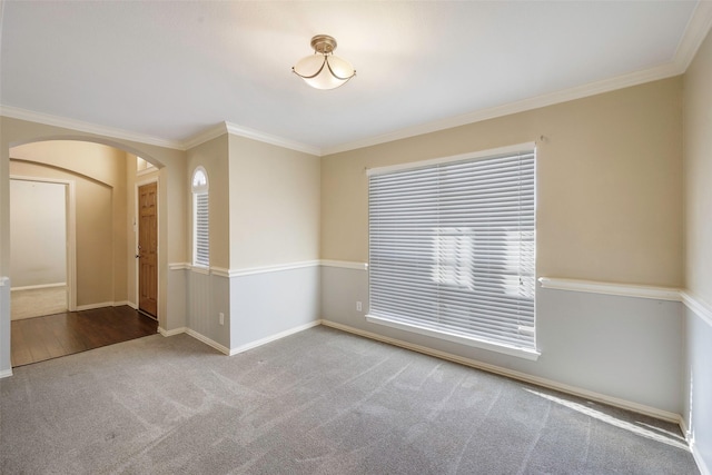 spare room featuring ornamental molding and carpet flooring