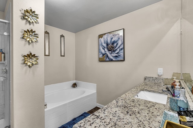 bathroom featuring vanity, independent shower and bath, and hardwood / wood-style floors