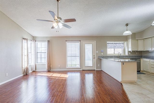 kitchen with pendant lighting, dishwasher, sink, kitchen peninsula, and light hardwood / wood-style flooring